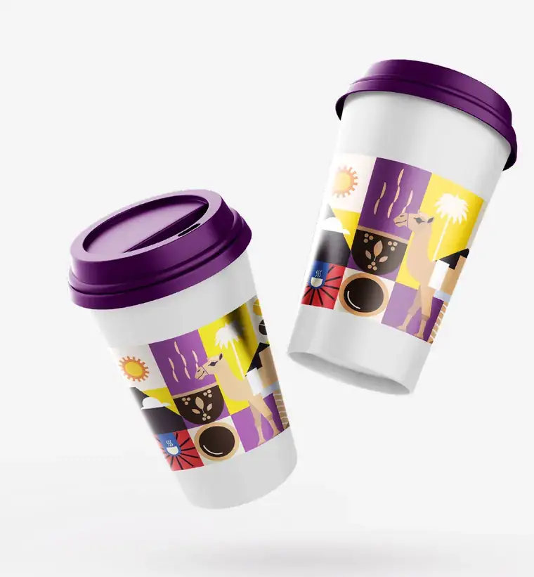 Purple Cups coffee cups with the visual pattern
