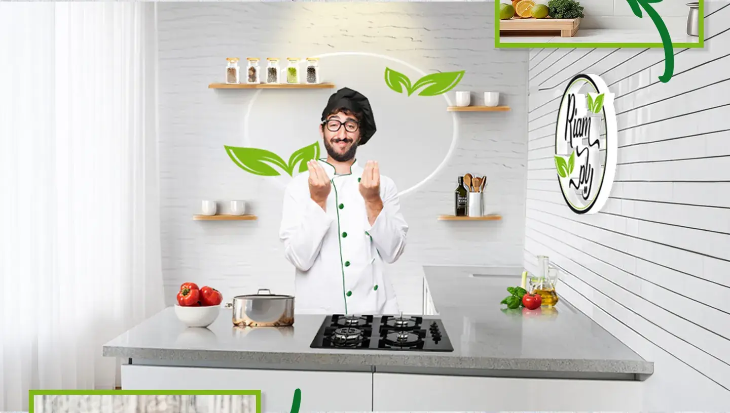 المظهر النهائي للاستوديو برفقة الشيف وسط ديكور المطبخ.